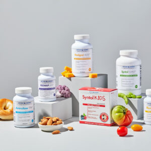Product photography of health supplements arranged with fresh foods like vegetables and nuts, in hard light.
